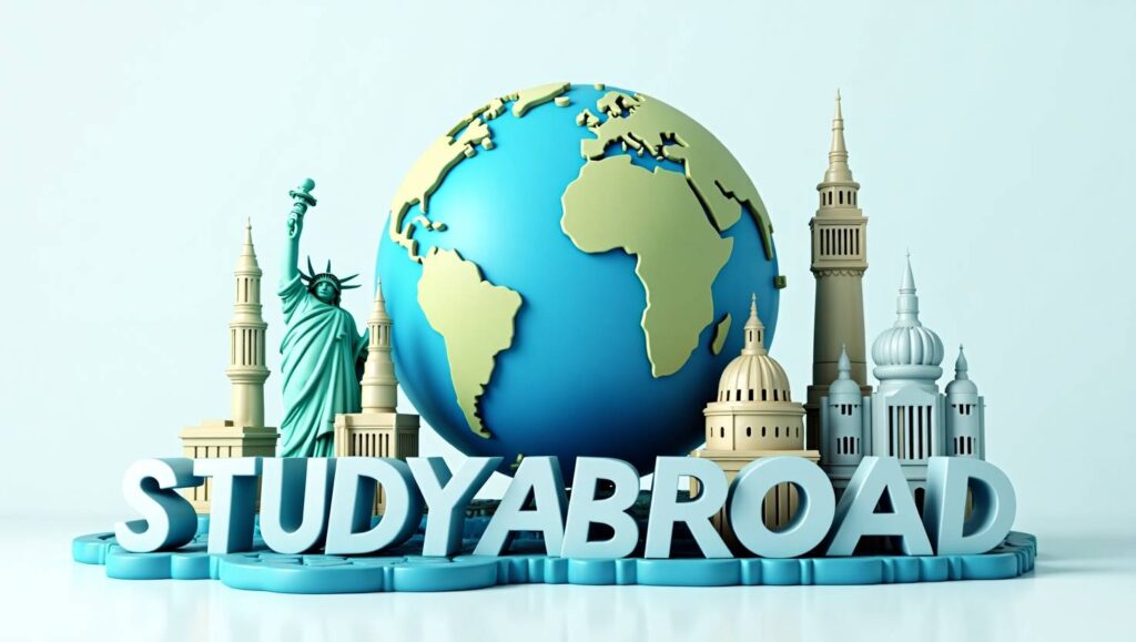 Happy international students exploring a foreign university campus in 2025.