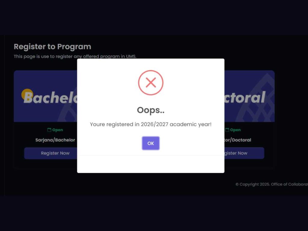 Screenshot of error notification when attempting to apply for multiple scholarship programs in the UMS portal.