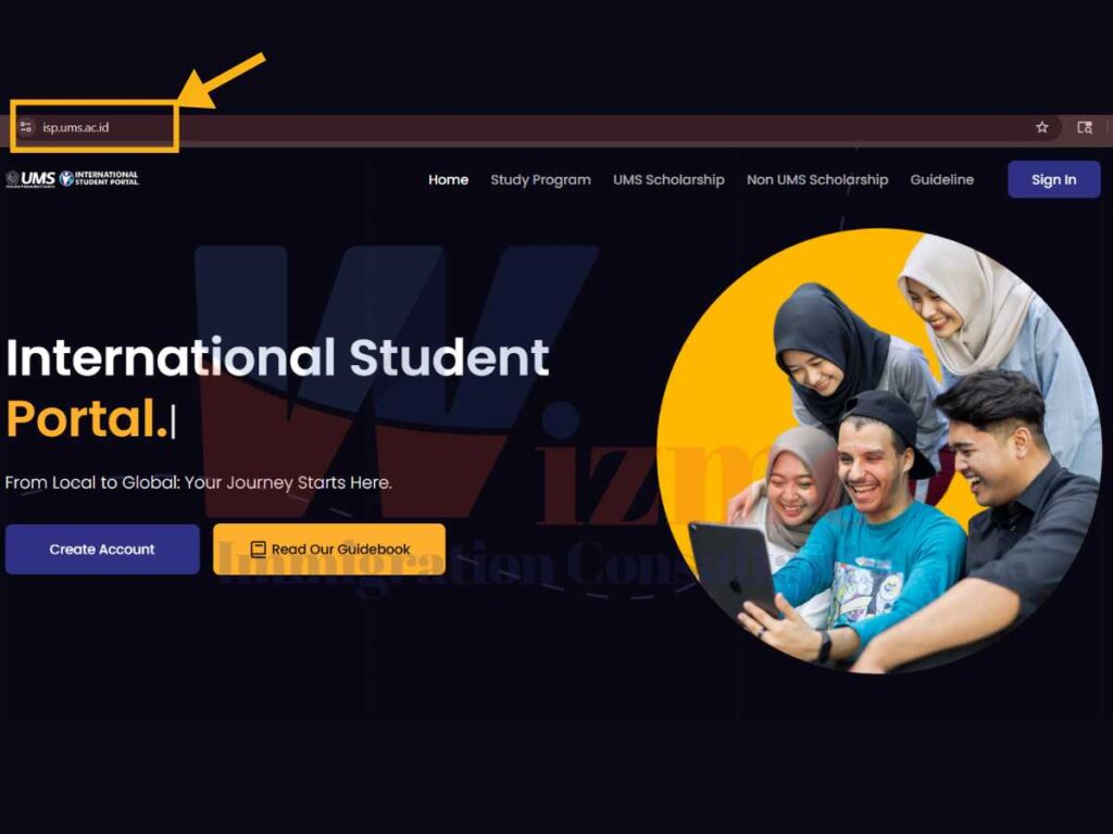 Screenshot of the UMS Scholarship official portal homepage showing navigation options and main banner.