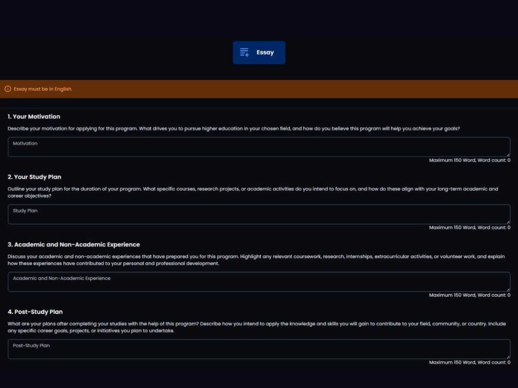 Screenshot of the essay submission section for SOP, motivational letter, and future plans on the UMS portal. 
