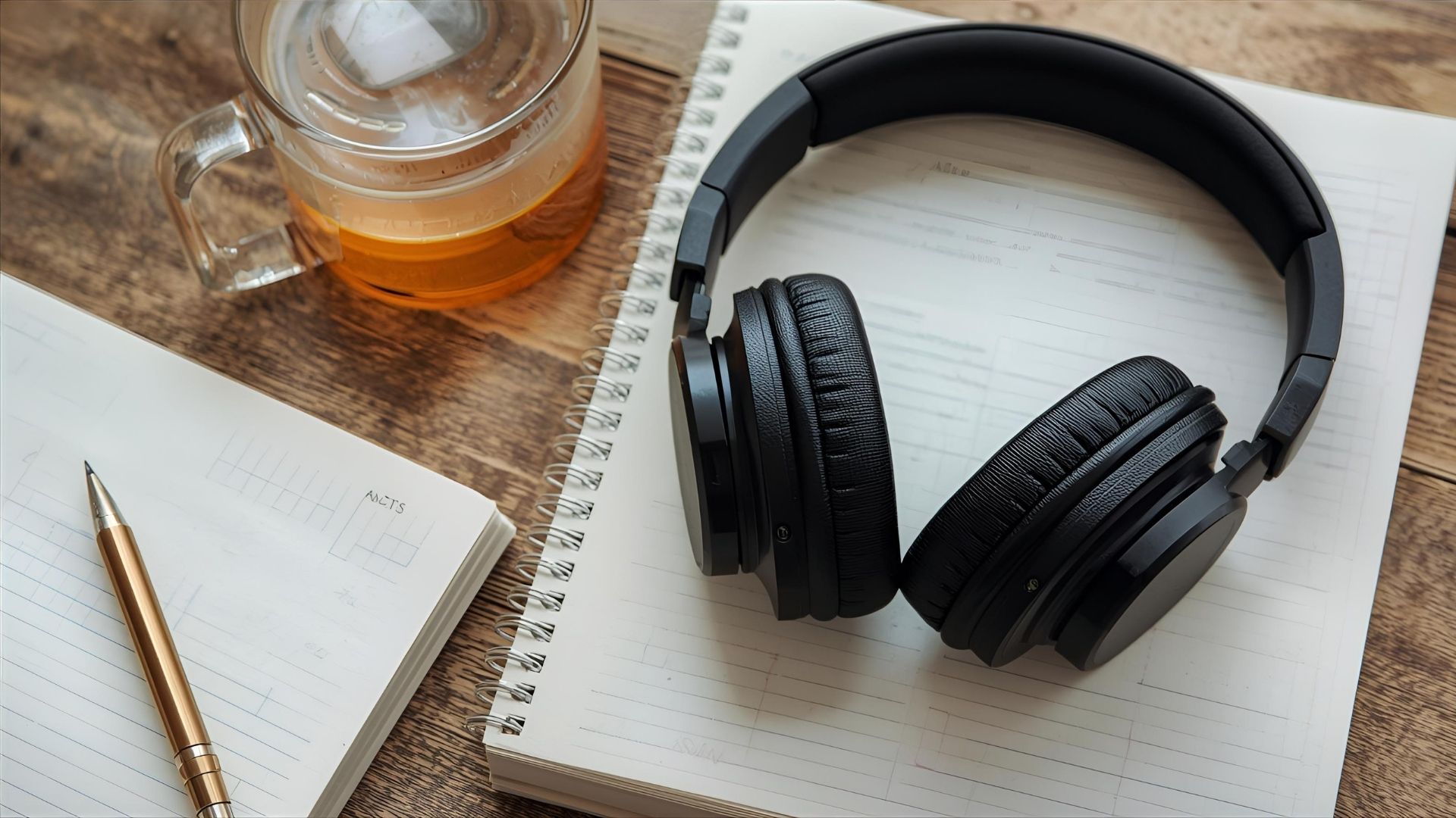 A person using headphones and a notebook to practice IELTS listening with focused study materials